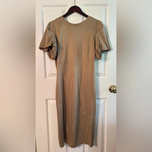 NWT COS Medium Glossy Taupe Puff Bubble Short Sleeve Shift Straight Dress Modest - Picture 1 of 16